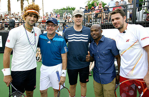 Novak Djokovic poses with Kevin Spacey, Will Ferrell, Tim Bradley and Stanislas Wawrinka. (Gregg Felsen/WireImage)